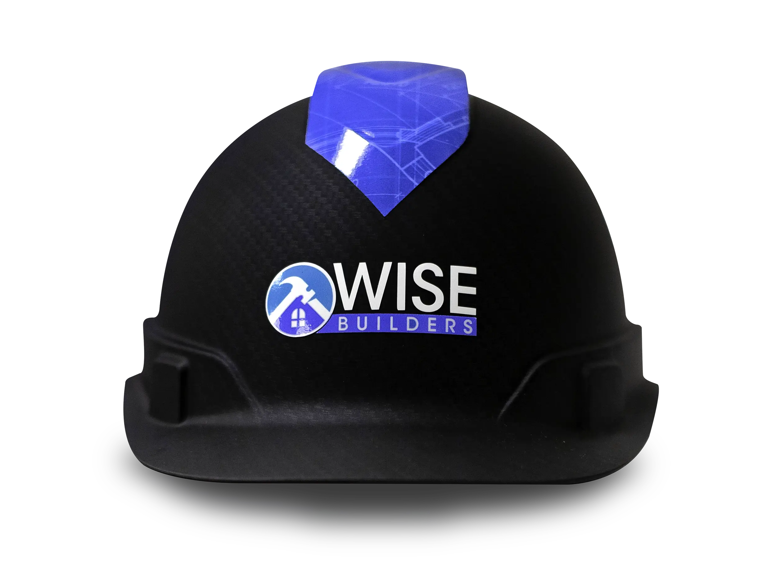 Wise Builders logo and branded hard hat, which is the construction hat