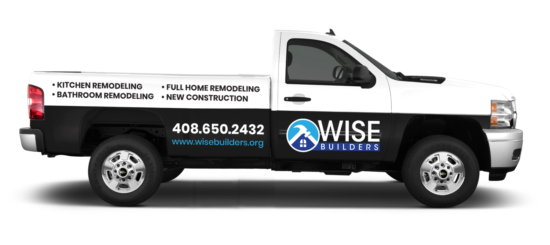 Wise Builders truck with brand logo and company information