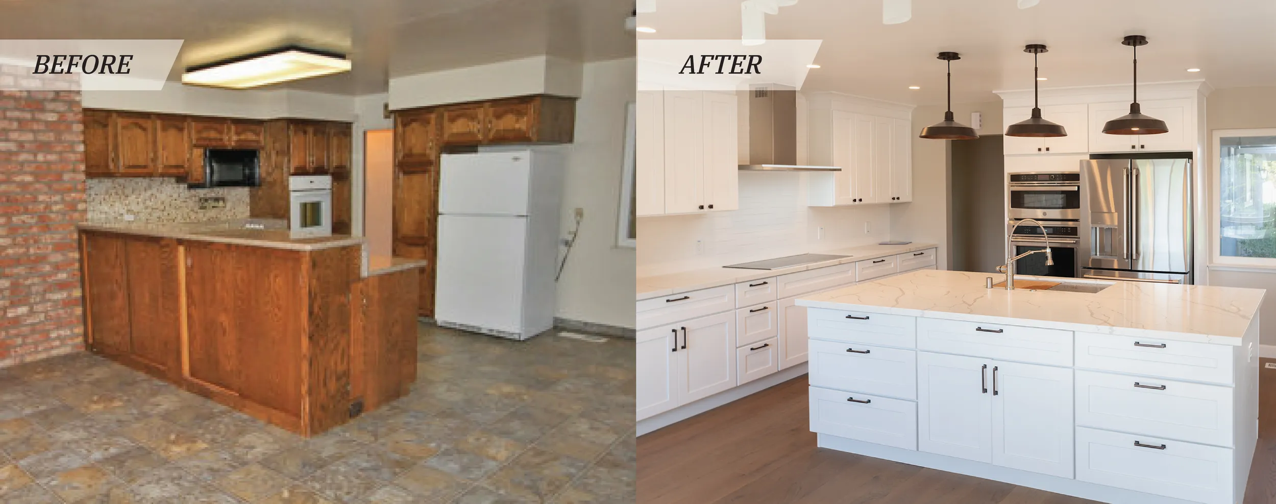 Before and after photos of a kitchen remodel project on Harwood Road in San Jose, CA