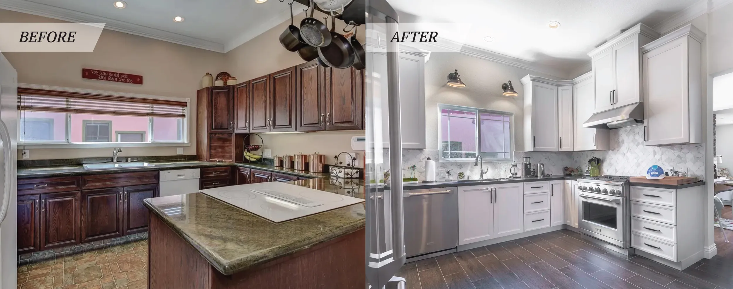 Before and after kitchen remodel transformation on Magnolia Avenue in San Jose