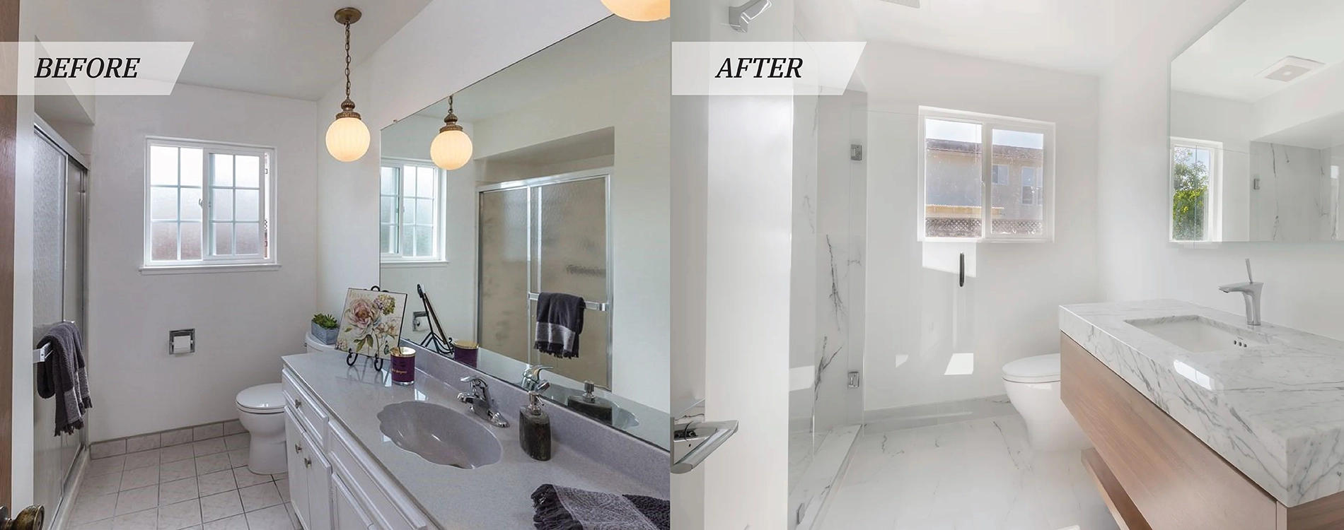 Before and after bathroom remodel project of modern bathroom on Raintree Ct. in San Jose, CA