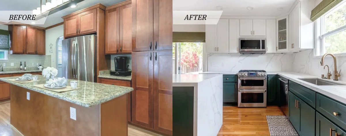 Before and after photo of a completed kitchen remodeling project on Chabrant Way in San Jose