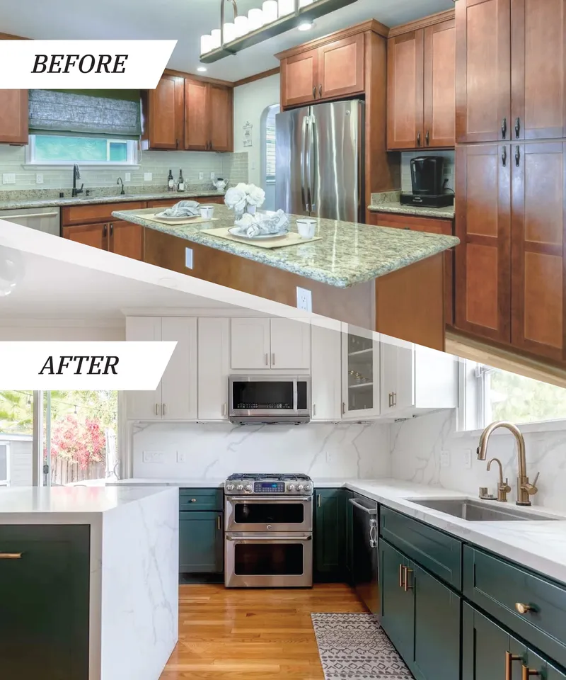 Before and after photo of a gorgeous kitchen remodel by Wise Builders on Chabrant Way in San Jose
