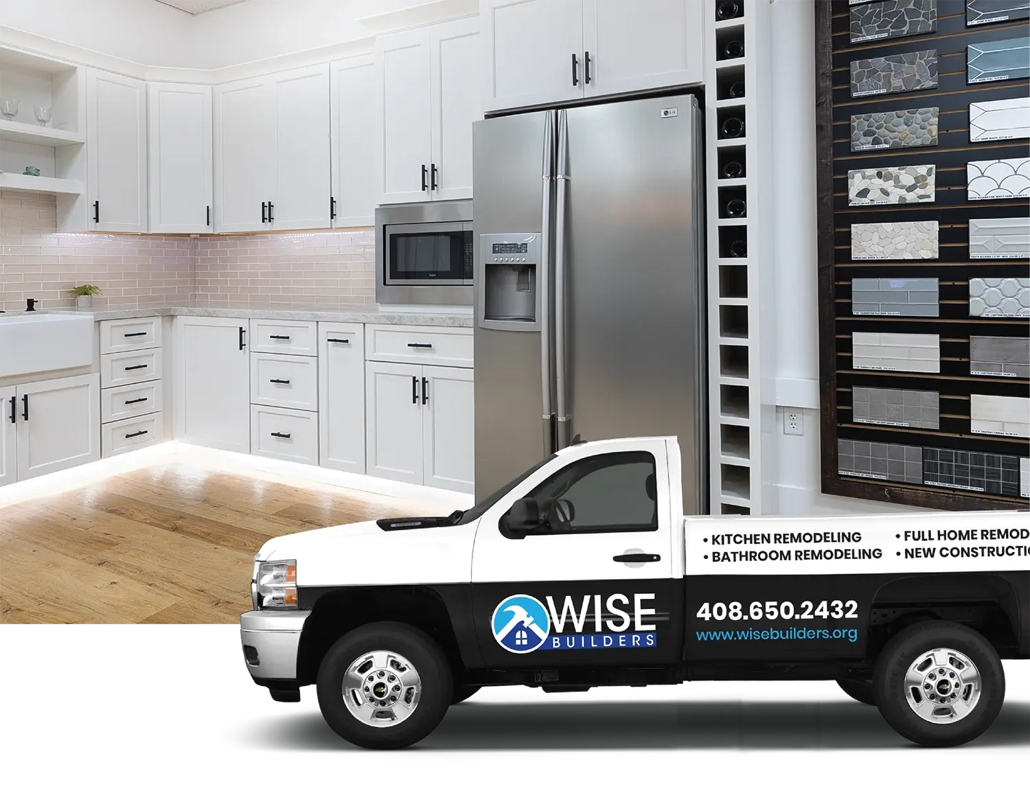 Wise Builders services page with a kitchen sample from the showroom and the company truck
